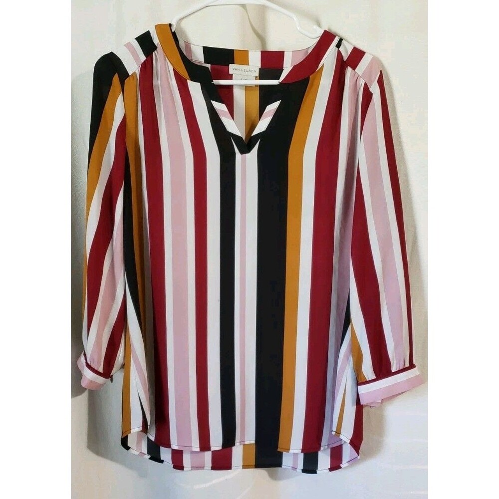 Van Heusen Women’s Small Striped V Neck Chiffon Blouse 3/4 Sleeve Multicolor